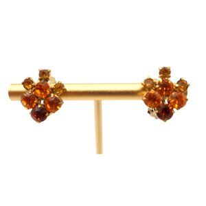 Vintage Marked Austria Orange Crystal Rhinestone Gold Tone Clip On Earrings